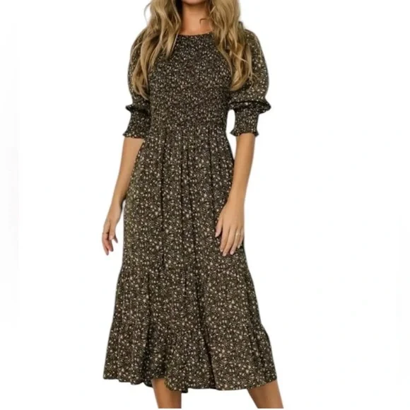 BALTIC BORN Dress Women’s XL Black & Tan Pele Tiered Midi Floral Smock New w/tag - Picture 4 of 14